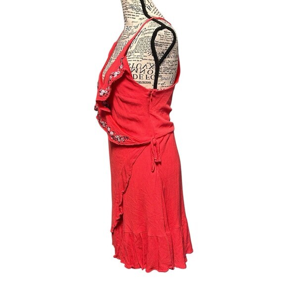 Miami Red Hot Racerback Embroidery Ruffle Faux Wrap Fit And Flare Halter Dress L - Picture 2 of 8